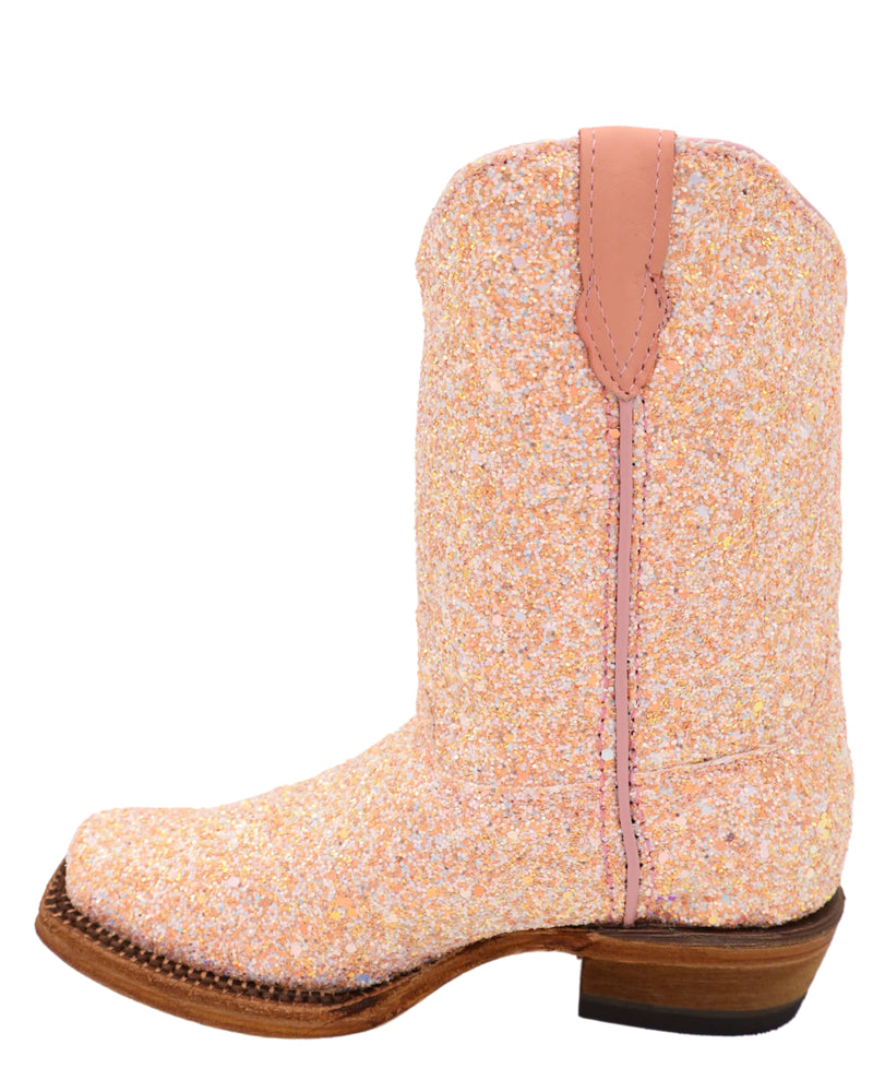 Kid's sparkle boot in a light pink color with square toe, pull tabs, and leather sole