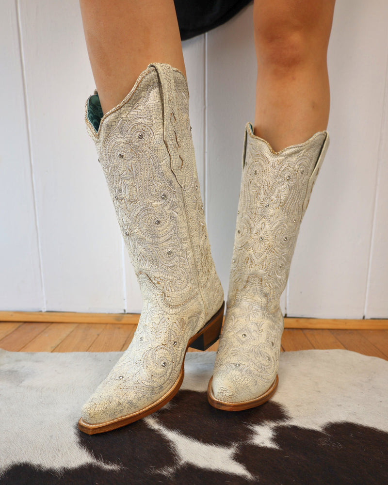 CORRAL WOMEN'S EMBROIDERY & CRYSTAL SNIP TOE BOOT, worn by a lady