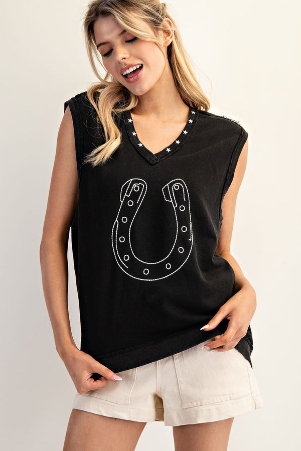 Eesome Embroidered Horseshoe Sleeveless Top
