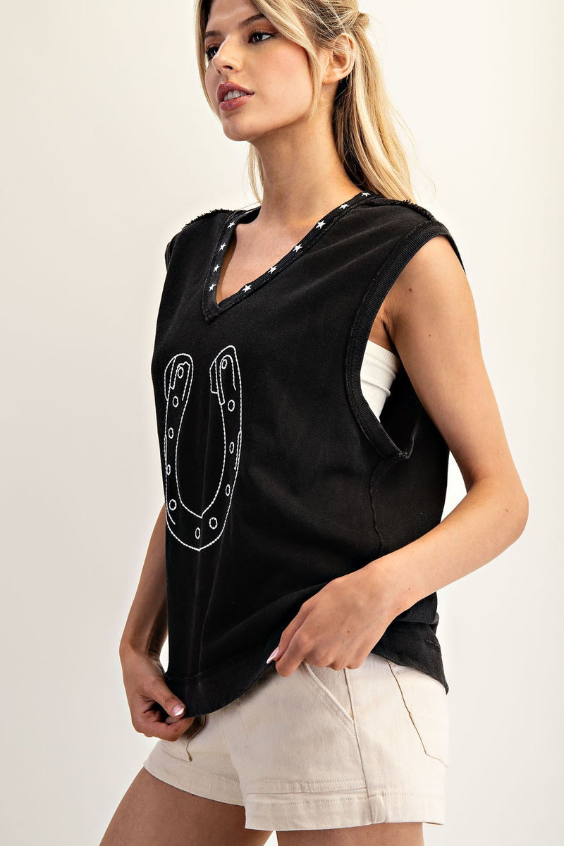 Eesome Embroidered Horseshoe Sleeveless Top