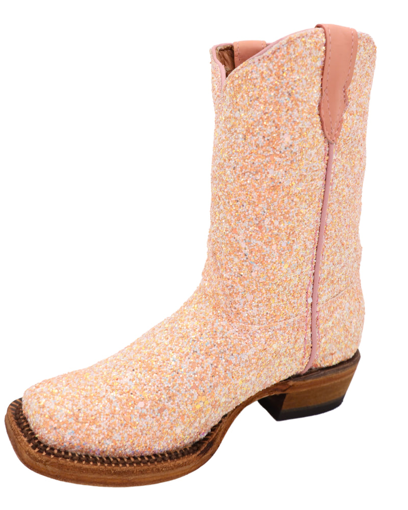 Kid's sparkle boot in a light pink color with square toe, pull tabs, and leather sole
