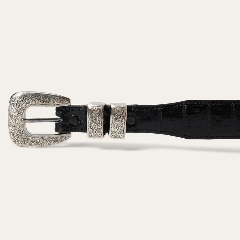 Black belt with silver buckle on a white background