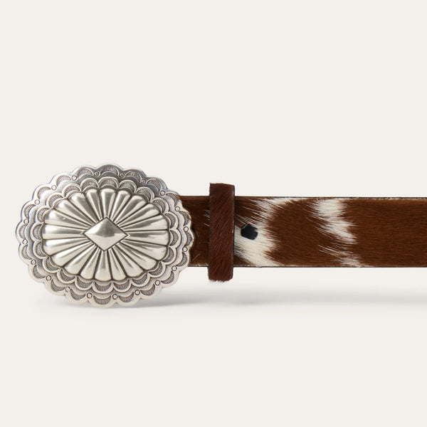 Belt with a decorative silver buckle and brown leather strap on a white background