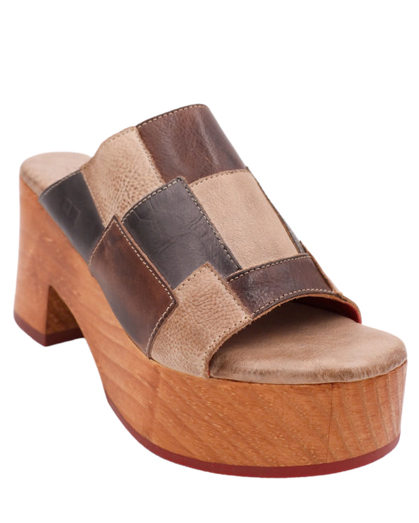 Wooden heel sandal with leather upper in a square patch pattern and peep toe