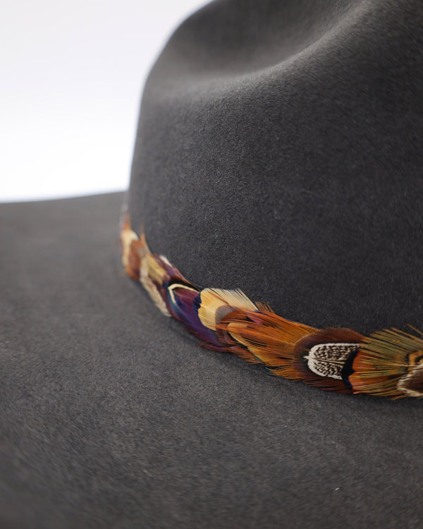 Pheasant feathers hat band with leather ties in the back