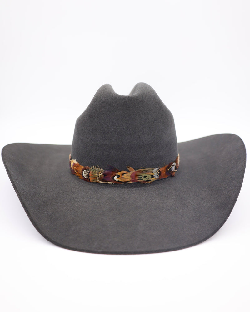 Pheasant feathers hat band with leather ties in the back