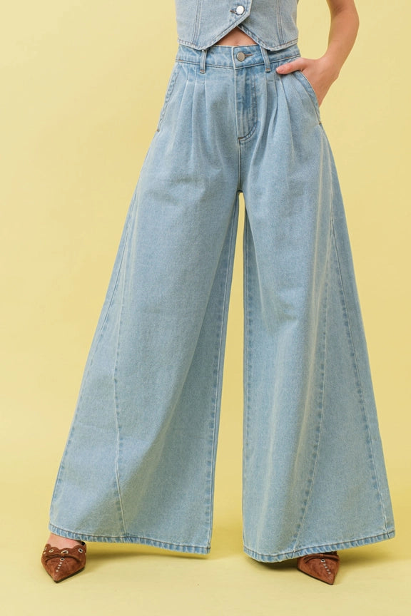 BLUE B Garment Washed Mid Rise Wide Leg Denim Jeans