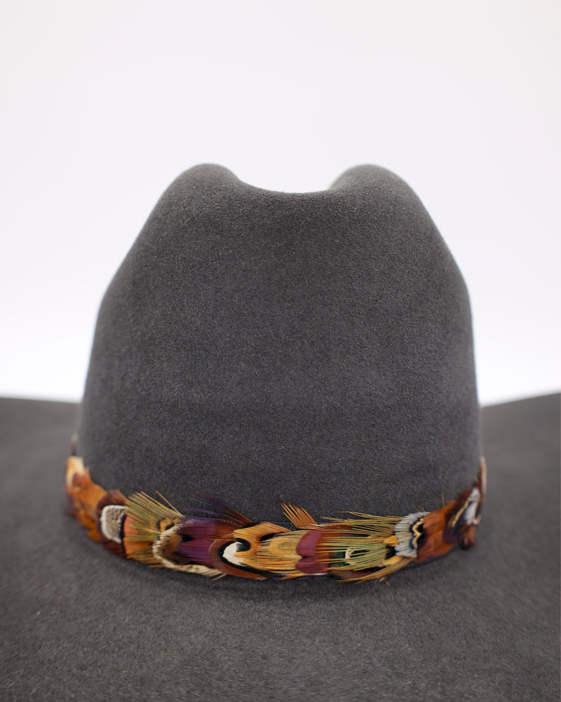 Pheasant feathers hat band with leather ties in the back