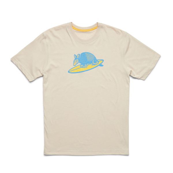 Cream t-shirt with image of armadillo riding surfboard
