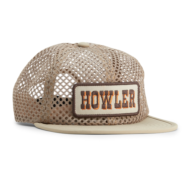 Mesh kaki snapback hat with cream, brown and orange patch that reads "HOWLER"