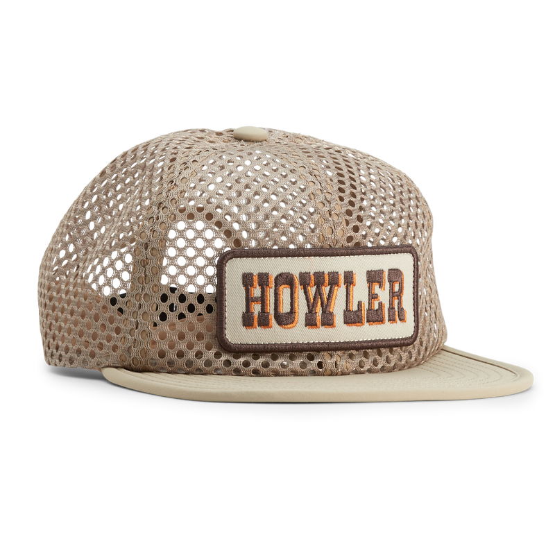 Mesh kaki snapback hat with cream, brown and orange patch that reads "HOWLER"