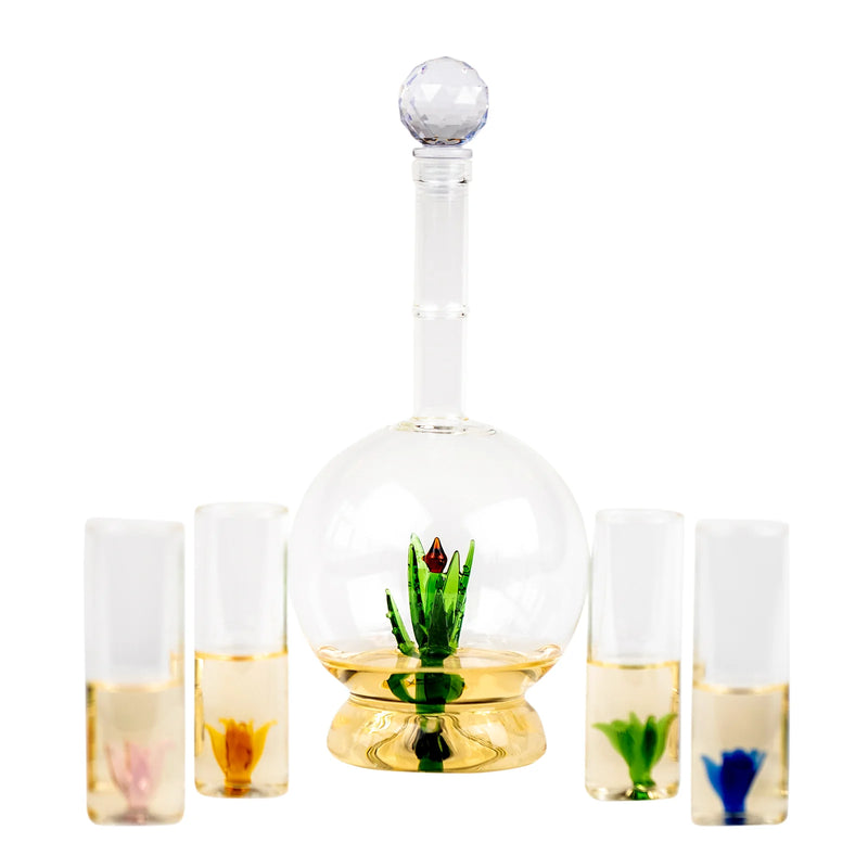 KHEN GLASSWARE TEQUILA ALOE DECANTER WITH 4 SHOT GLASSES