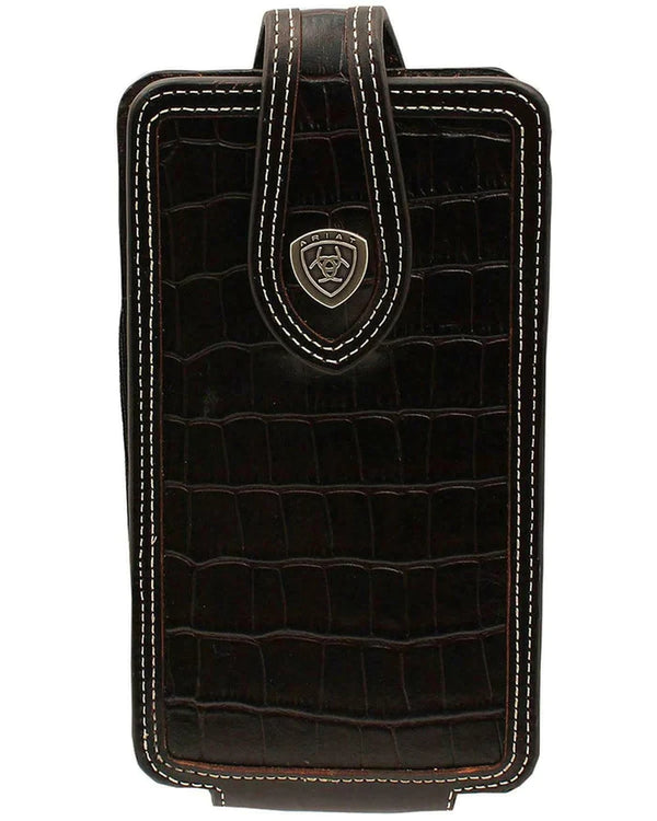 Brown leather men's large phone case made with croc and magnetic leather croc closure