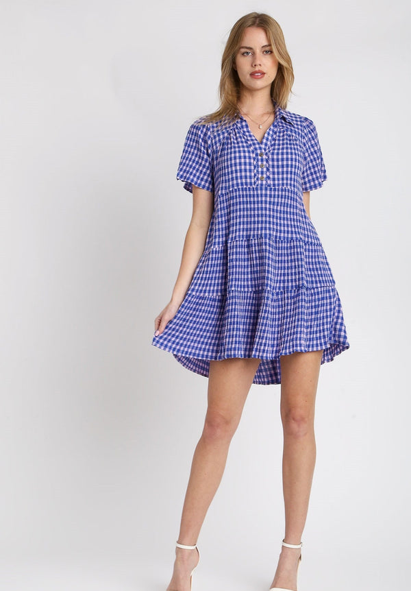 Gingham Tiered Collared Button Short Sleeve Dress with Button Detail Has No Lining