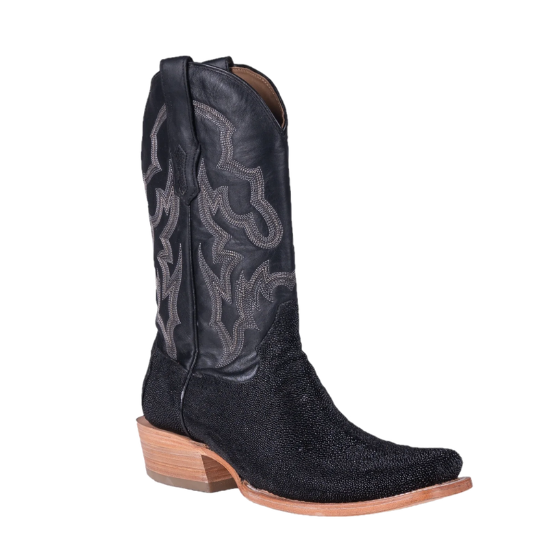 CORRAL MEN'S STINGRAY BLACK HORSEMAN TOE BOOT Black stingray vamp leather Western stitched embroidery on shaft 12.5 inch shaft height