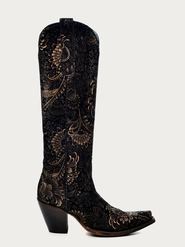 Black suede cowboy boots with gold accents in the pattern