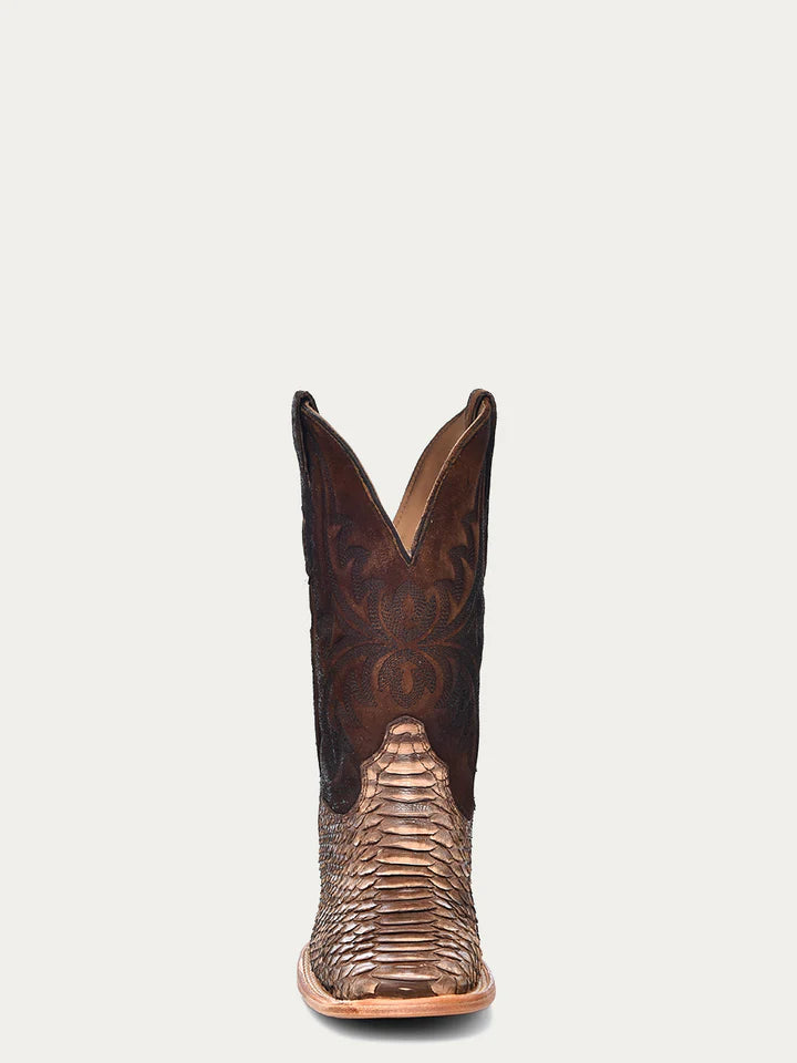 Men's cowboy boots with python vamp, brown shaft and wide square toe