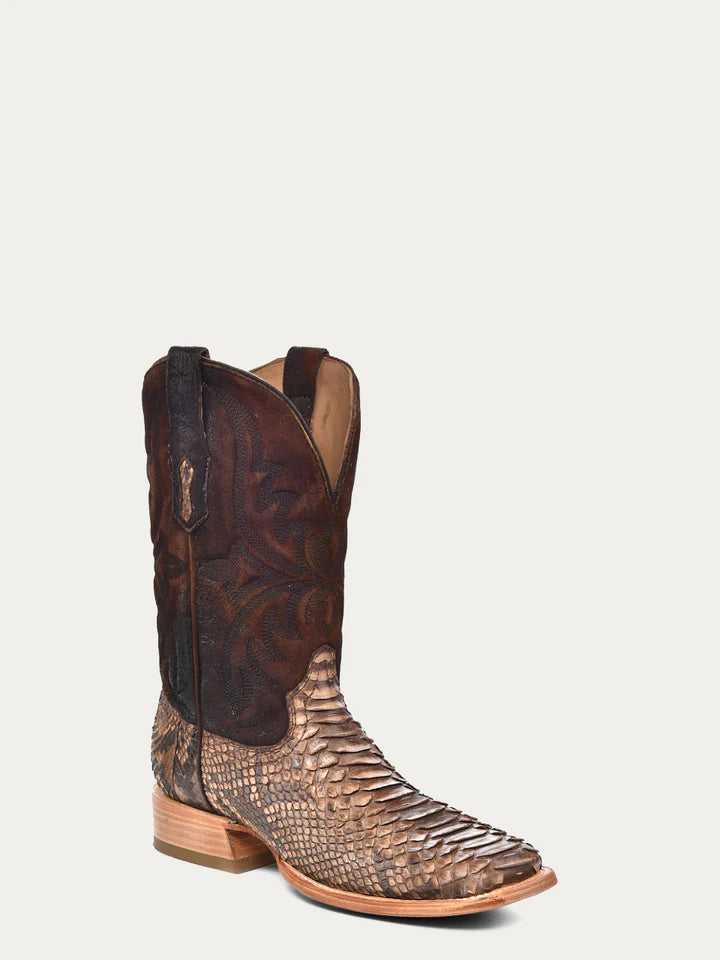 Men's cowboy boots with python vamp, brown shaft and wide square toe
