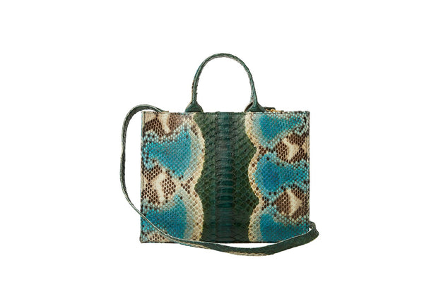 Python bag in natural with blue dye throughout. This purse comes with corresponding crossbody strap