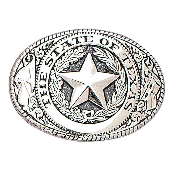 Oval buckle has a lone star in the center with the words The State of Texas around it