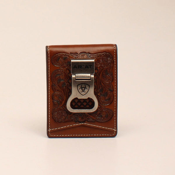 Brown leather bifold tooled wallet with exterior money clip