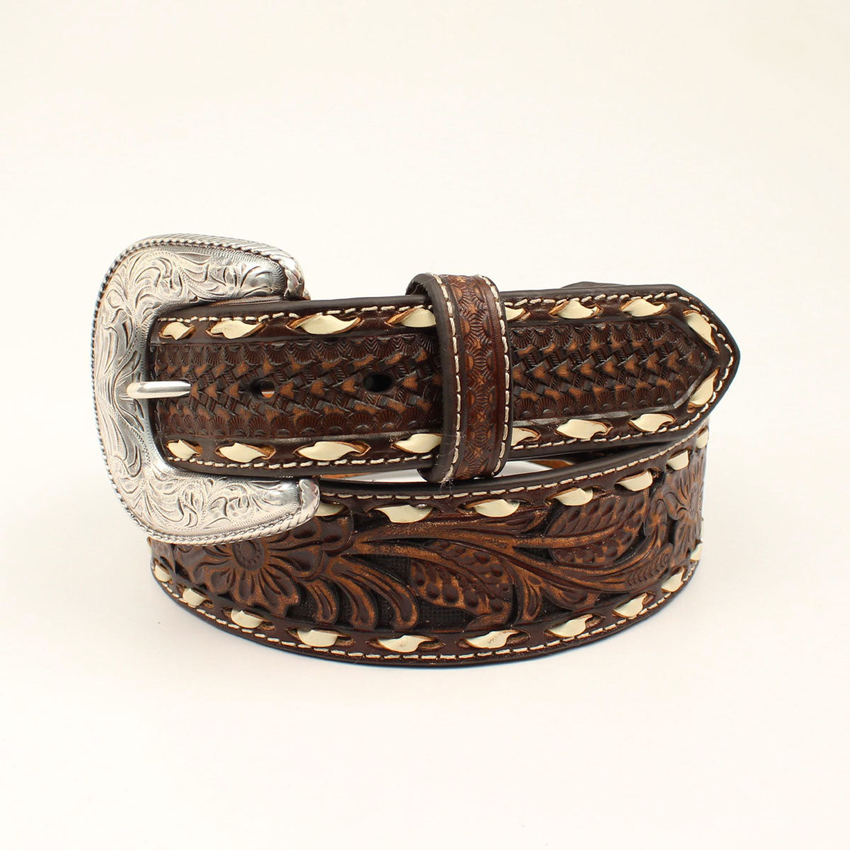 ARIAT BROWN LEATHER SERAPE COPPER STUDDED WESTERN BELT FLORAL BUCKLE MEDIUM NWOT Ariat® Men main image 2