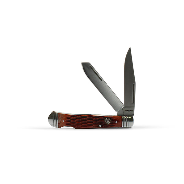 Ariat Folding Knife, Trapper Lock Back, Double 3-3/8” 7CR13 Steel Blades, Bone Handle, Ariat Logo Shield