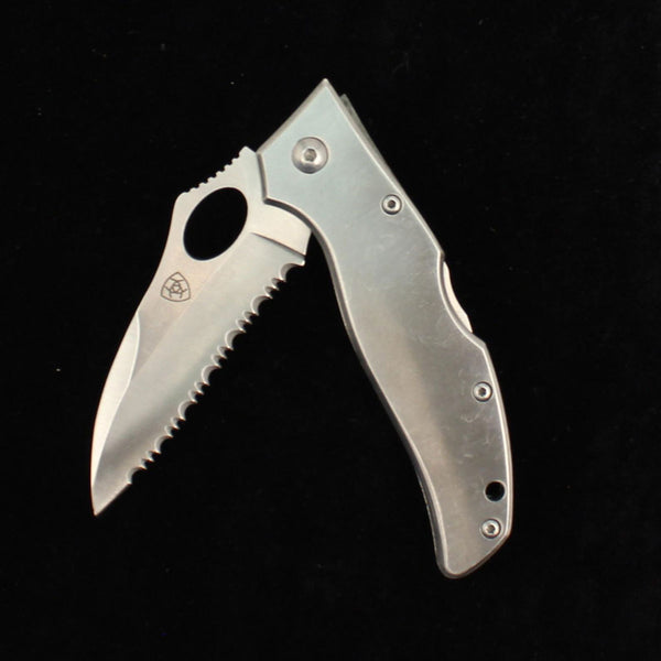 Silver folding serrated knife 