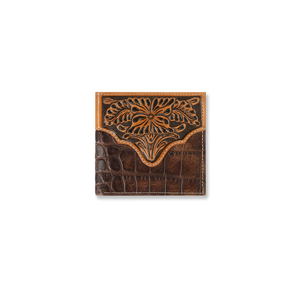 Croc bifold wallet with western toke leather tooling with floral design