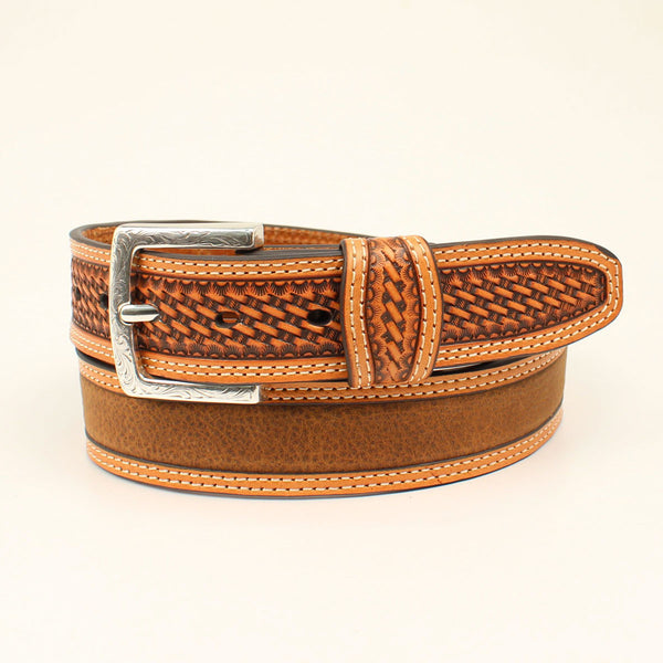 Men's medium brown leather belt with basket weave detail