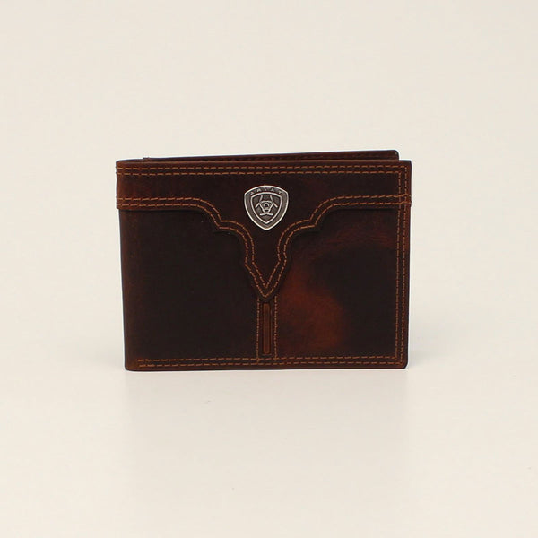 Brown leather bifold with western yoke and Ariat logo in the center
