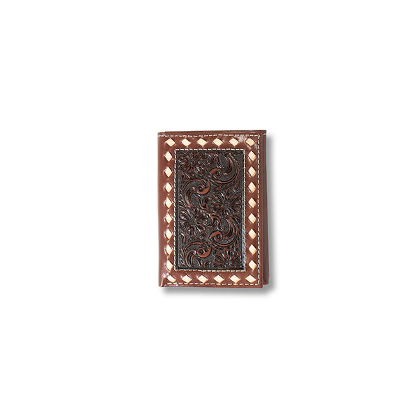 Trifold brown leather wallet with bucklace stitch boarder and floral tooled center