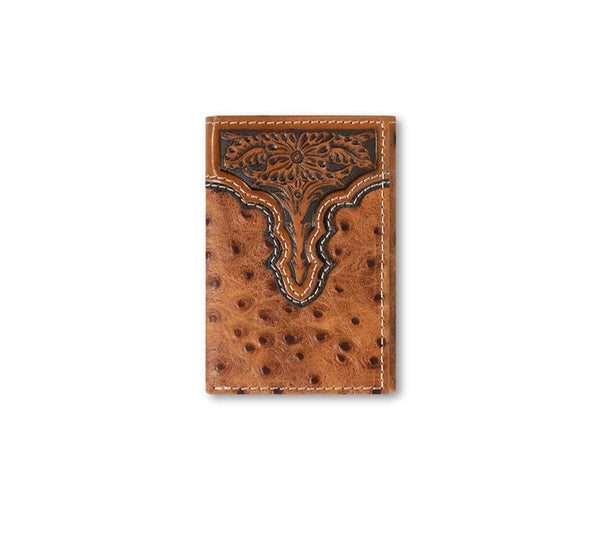 Ostrich leather wallet with western yoke with floral tooling detail