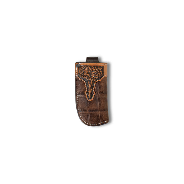 Croc brown knife sheath with tooled western floral leather on top