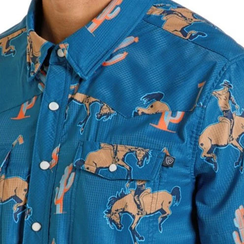 Blue shirt with cowboy and horse pattern