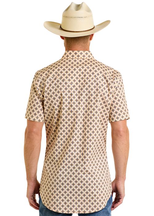 Rock and Roll Denim Slim Fit Geo Aztec Print Short Sleeve Snap Shirt