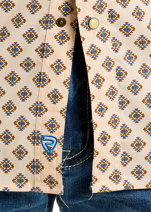 Rock and Roll Denim Slim Fit Geo Aztec Print Short Sleeve Snap Shirt