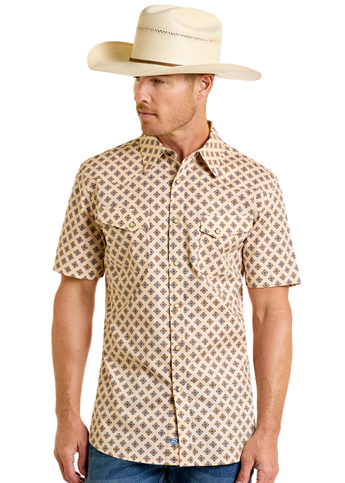 Rock and Roll Denim Slim Fit Geo Aztec Print Short Sleeve Snap Shirt