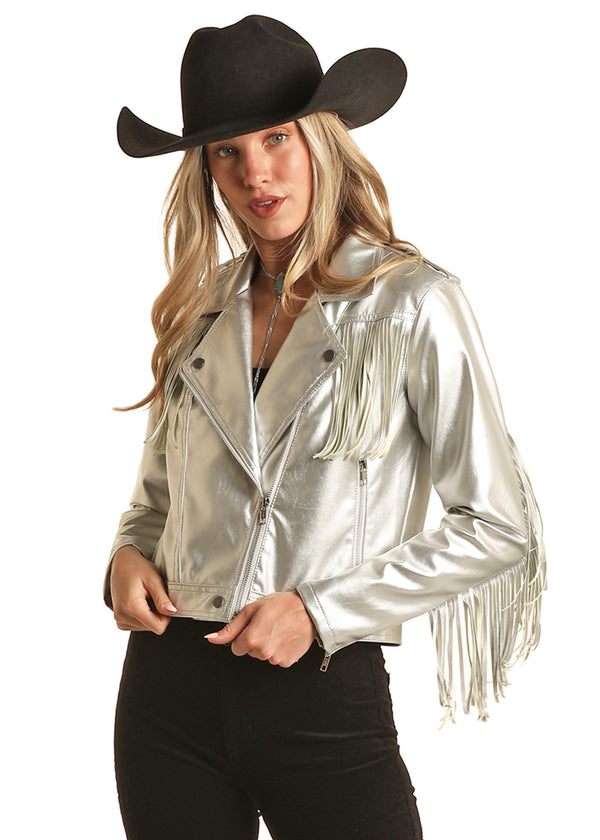 Woman wearing silver metallic jacket with fringe on front and back