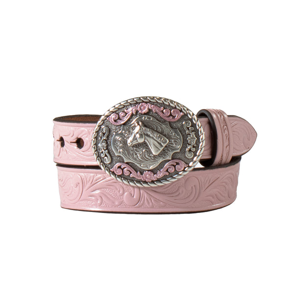 Pink leather tooled belt with silver oval belt buckle that had pink accents and a horse head in the center
