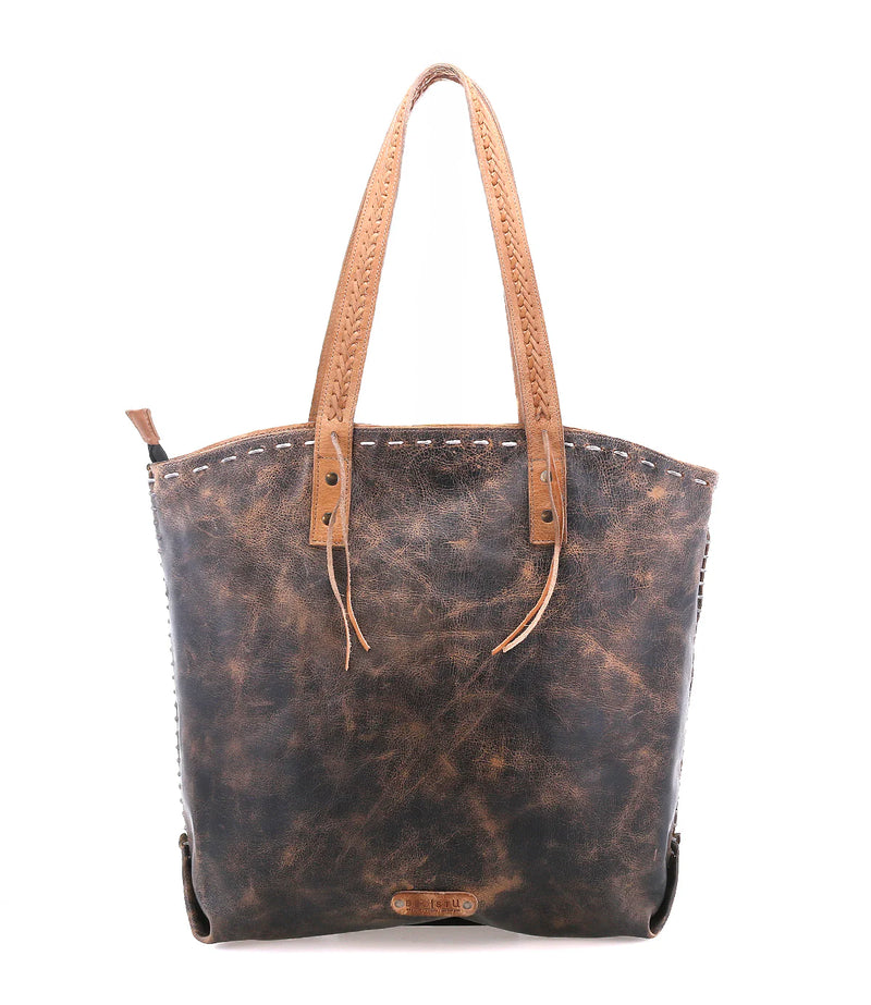 Brown leather tote bag with tan handles on a white background