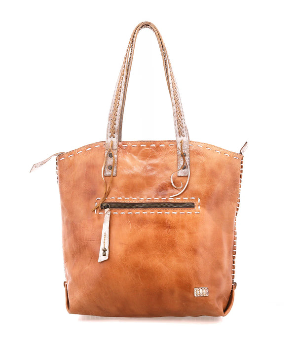 Brown leather handbag with visible stitching on a white background
