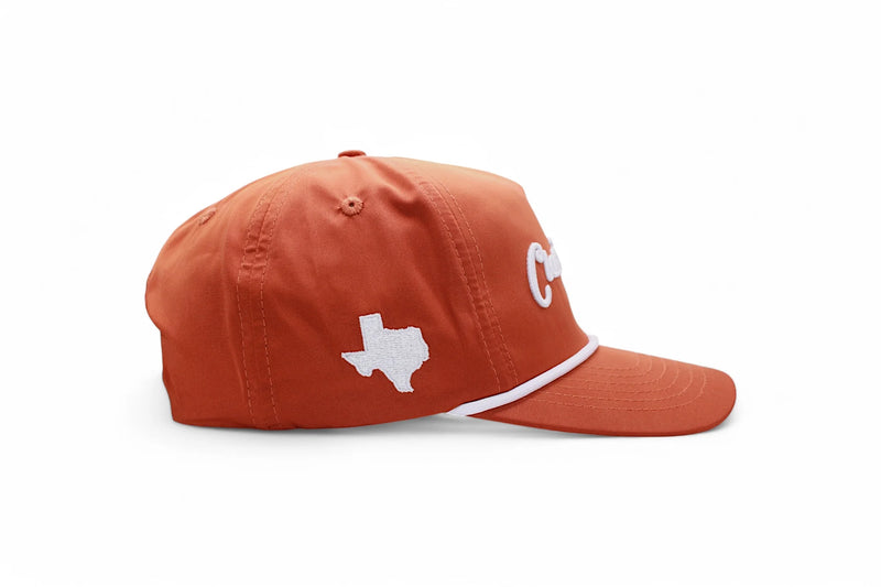 Orange cap with a white logo on a white background