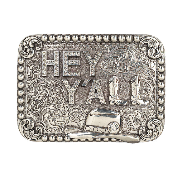 Silver beaded edge buckle has a floral engraved pattern in the background. The words Hey Yall are engraved in the center with small crystal on the letters, along with cowgirl hat with large crystal.