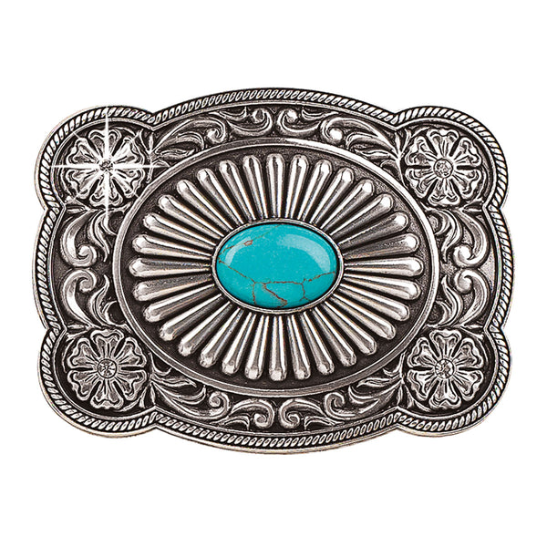 SILVER BUCKLE WITH TURQUOISE LIKE STONE IN THE CENTER