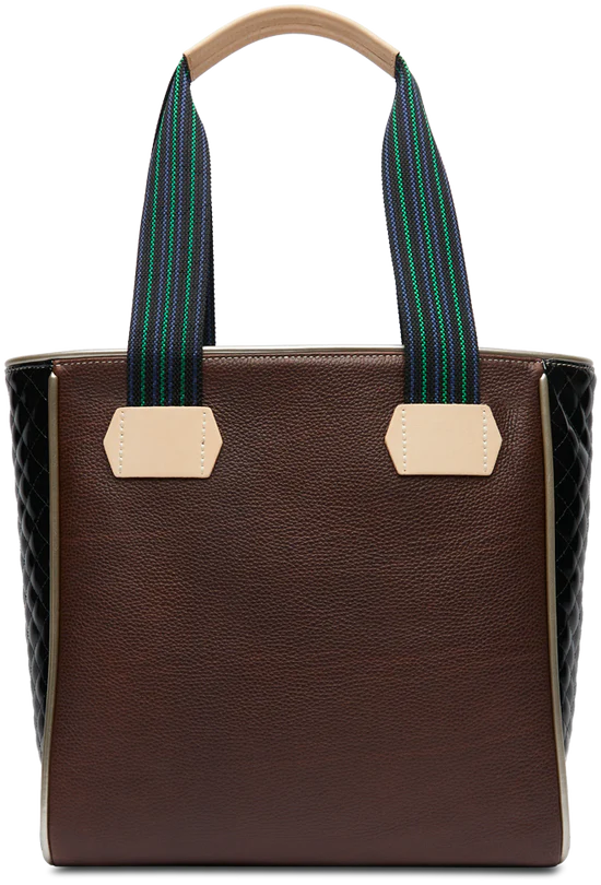 BROWN LEATHER TOTE WITH METALLIC ON SIDES