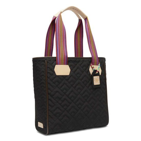 QUILTED BLACK TOTE PURSE WITH MULTI COLOR STRAP