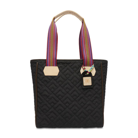 QUILTED BLACK TOTE PURSE WITH MULTI COLOR STRAP
