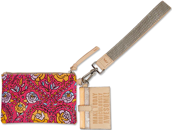 Pink wristlets with multicolor flowers and leaves all over with silver wristlet strap and card holder that says "make today ridiculously awesome". 