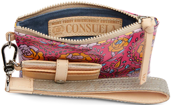 Pink wristlets with multicolor flowers and leaves all over with silver wristlet strap and card holder that says "make today ridiculously awesome".